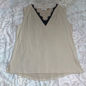 Calvin Klein Beige Sleeveless￼ Blouse Tank Black Lace Trim V Neck Sz L
